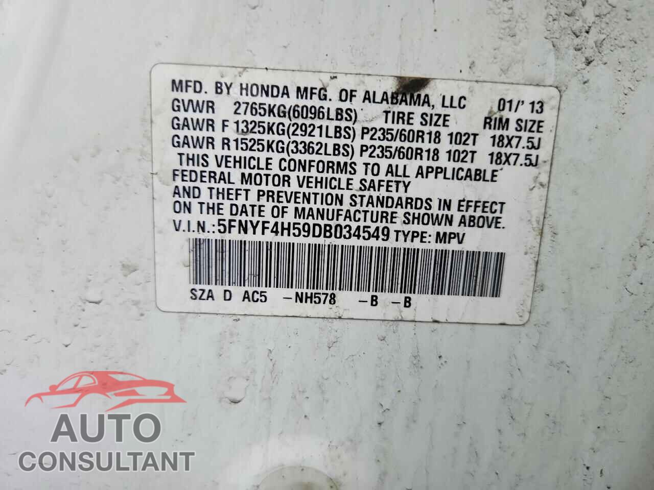 HONDA PILOT 2013 - 5FNYF4H59DB034549