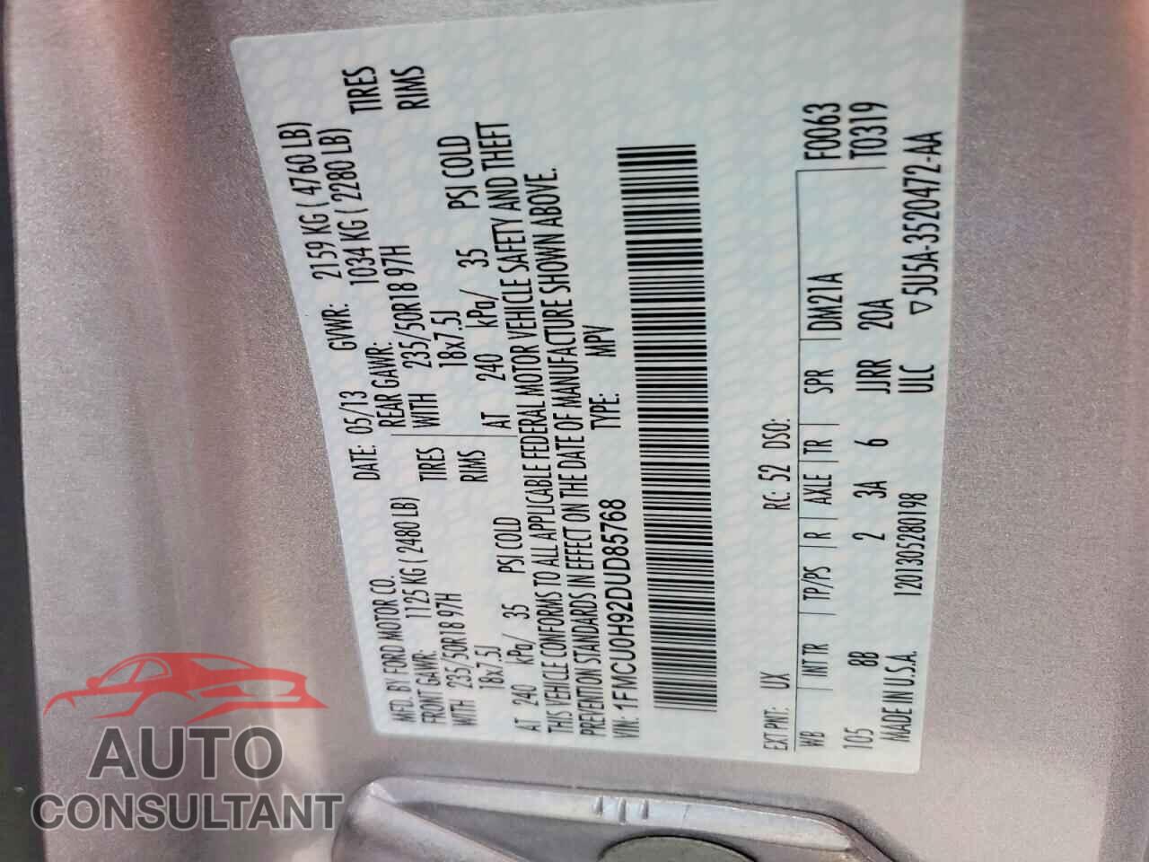 FORD ESCAPE 2013 - 1FMCU0H92DUD85768