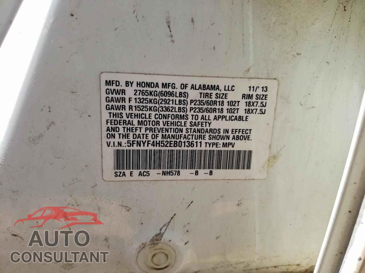 HONDA PILOT 2014 - 5FNYF4H52EB013611