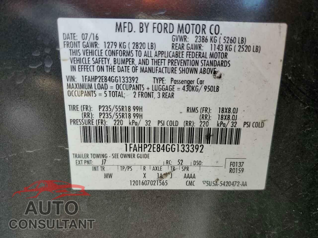 FORD TAURUS 2016 - 1FAHP2E84GG133392