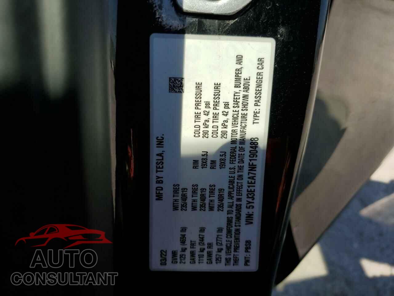 TESLA MODEL 3 2022 - 5YJ3E1EA7NF190488