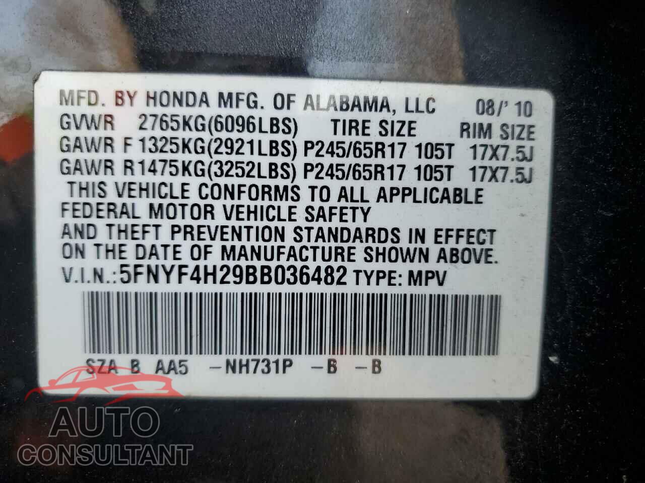 HONDA PILOT 2011 - 5FNYF4H29BB036482