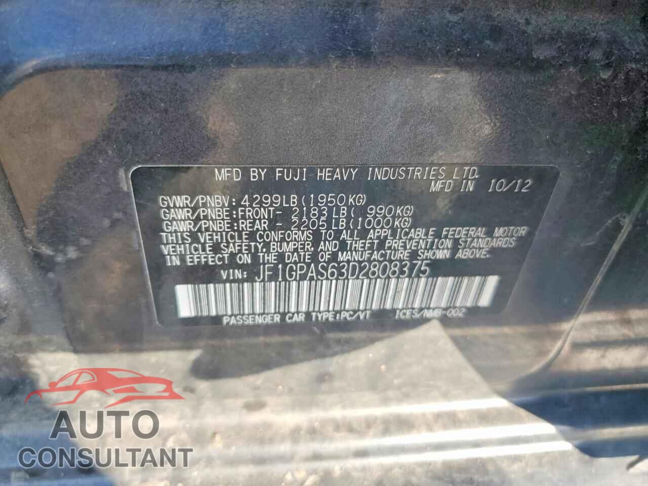SUBARU IMPREZA 2013 - JF1GPAS63D2808375