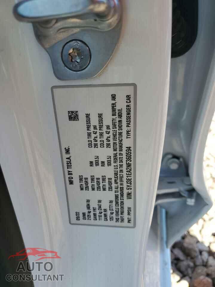 TESLA MODEL 3 2022 - 5YJ3E1EA2NF360594