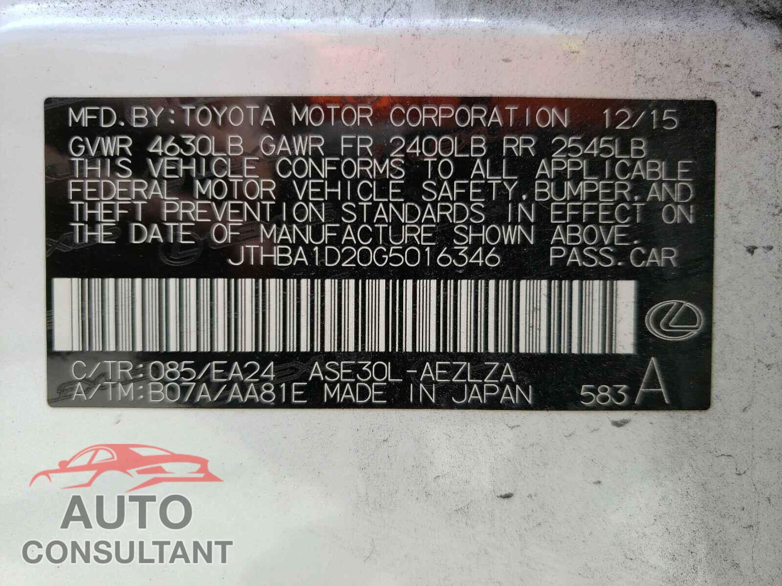 LEXUS IS 2016 - JTHBA1D20G5016346