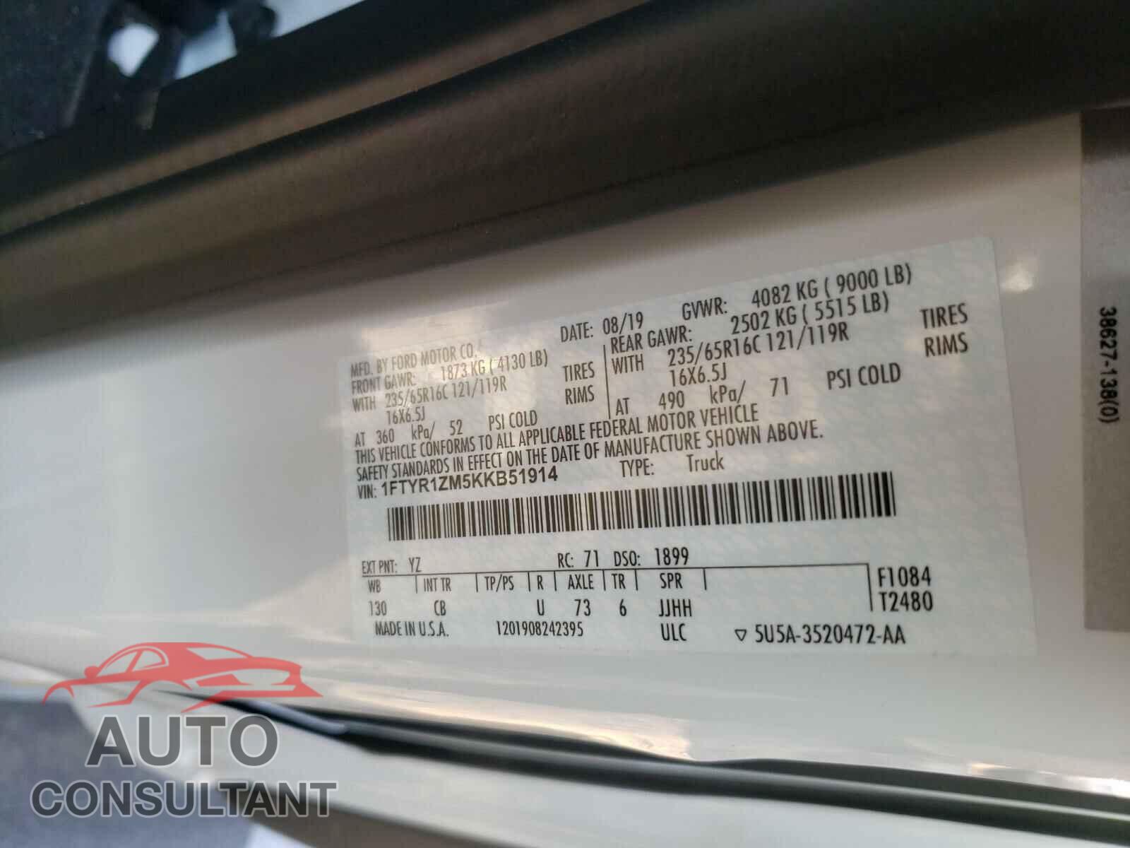 FORD TRANSIT CO 2019 - 1FTYR1ZM5KKB51914