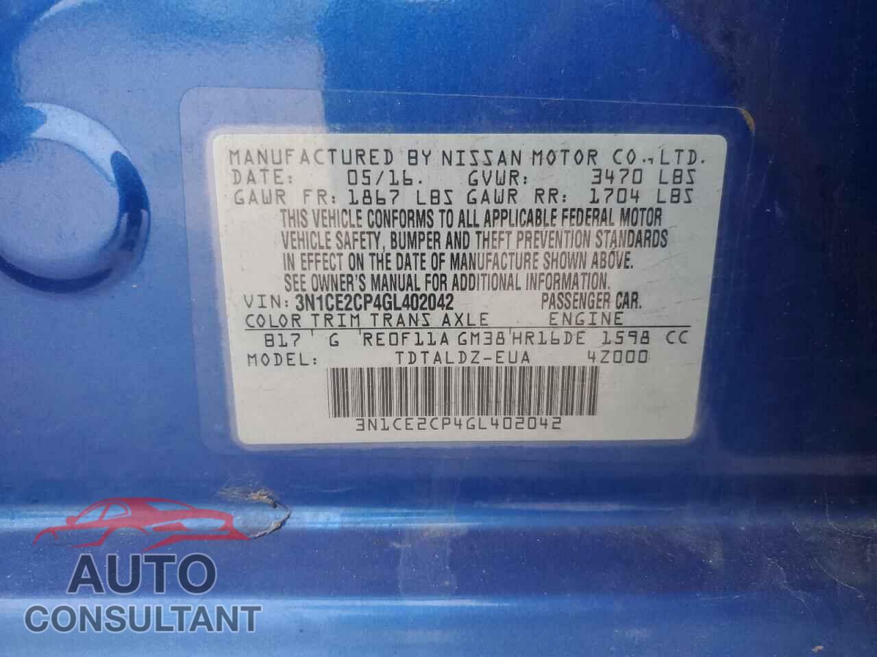NISSAN VERSA 2016 - 3N1CE2CP4GL402042