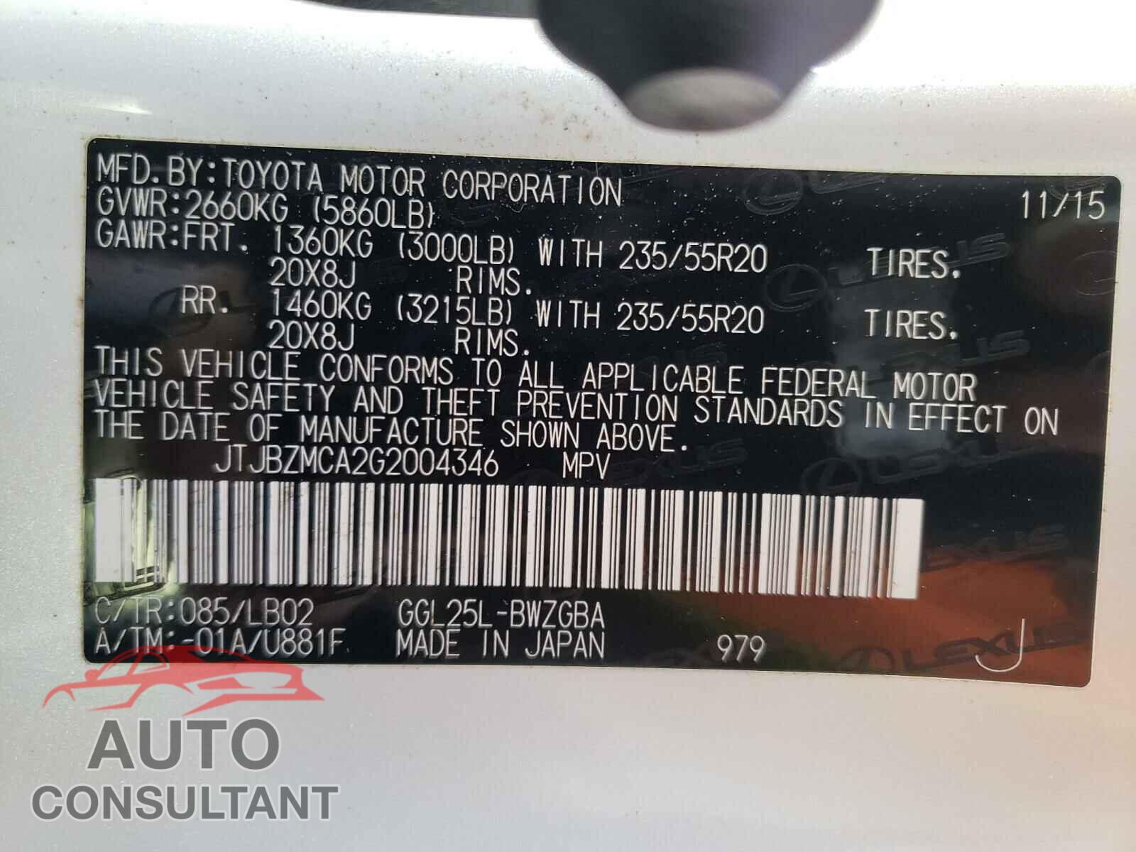 LEXUS RX350 2016 - JTJBZMCA2G2004346