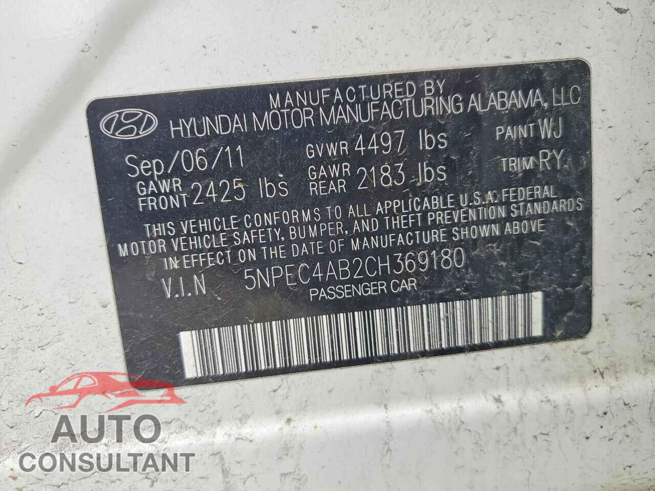HYUNDAI SONATA 2012 - 5NPEC4AB2CH369180