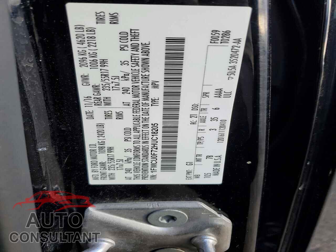 FORD ESCAPE 2017 - 1FMCU0F72HUC18205