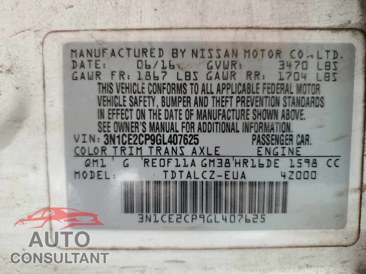NISSAN VERSA 2016 - 3N1CE2CP9GL407625