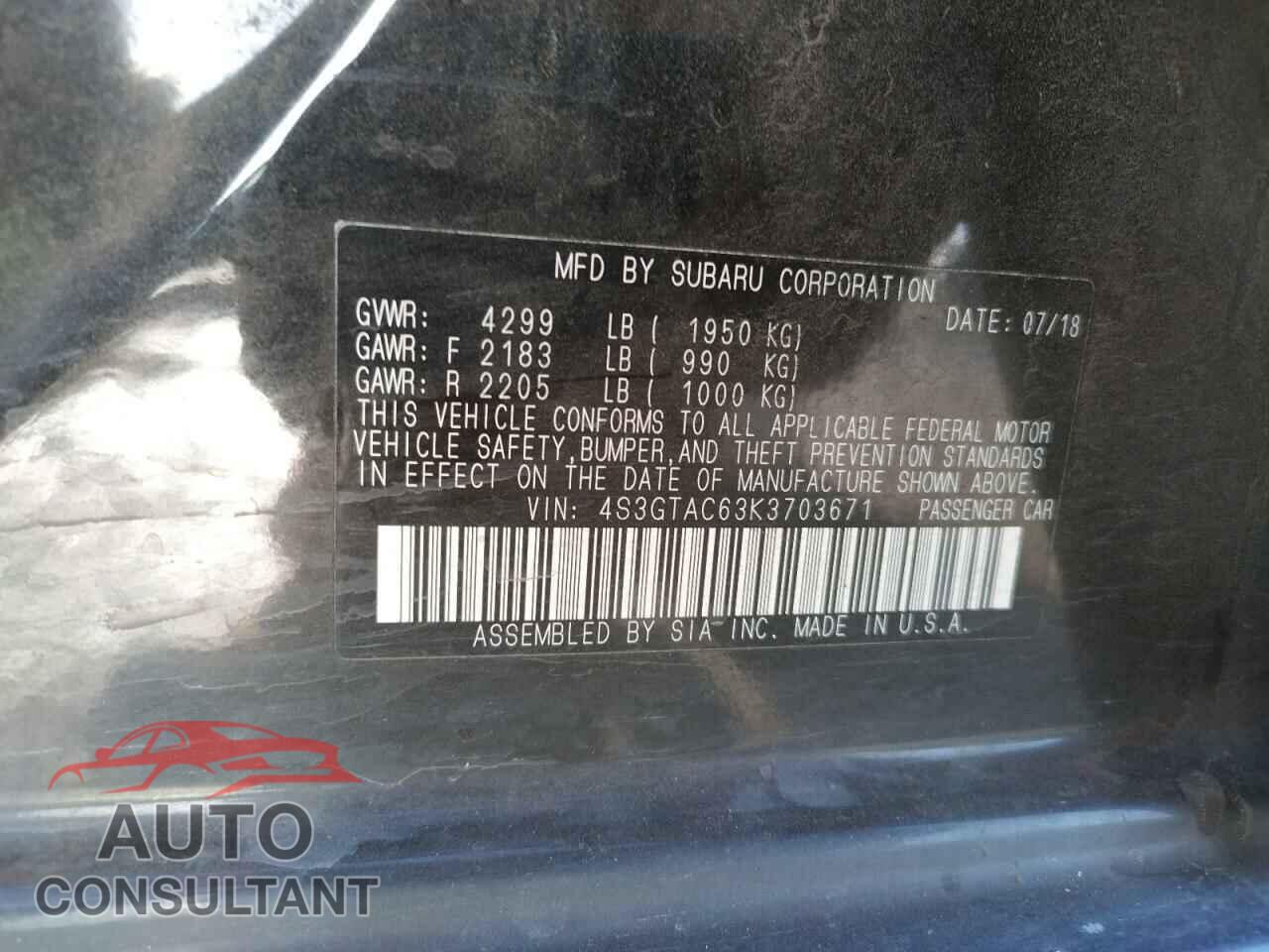SUBARU IMPREZA 2019 - 4S3GTAC63K3703671