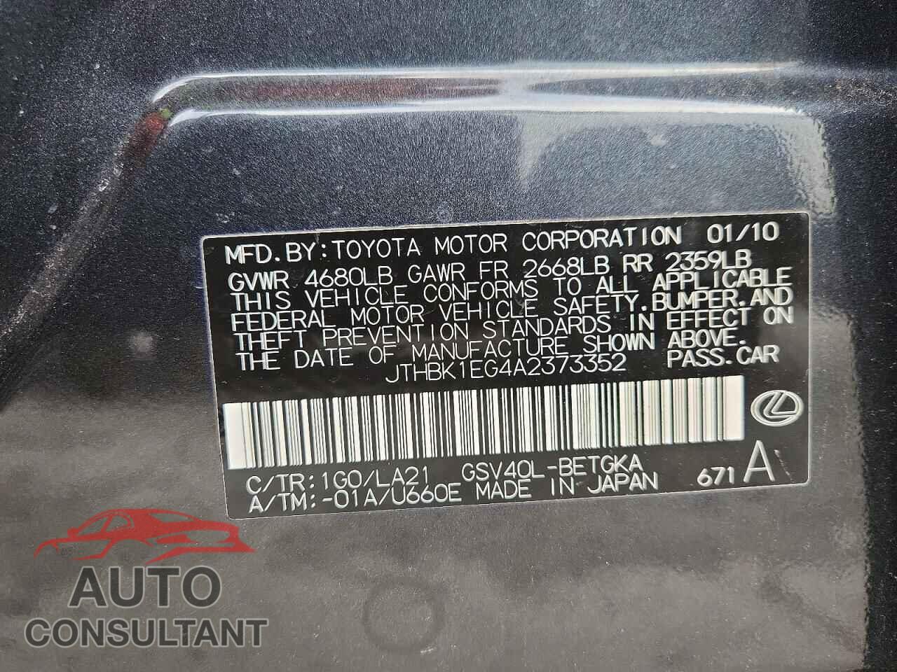LEXUS ES350 2010 - JTHBK1EG4A2373352