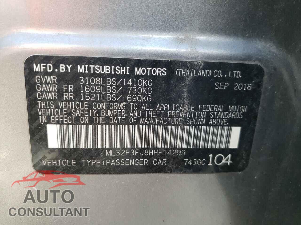 MITSUBISHI MIRAGE 2017 - ML32F3FJ8HHF14299