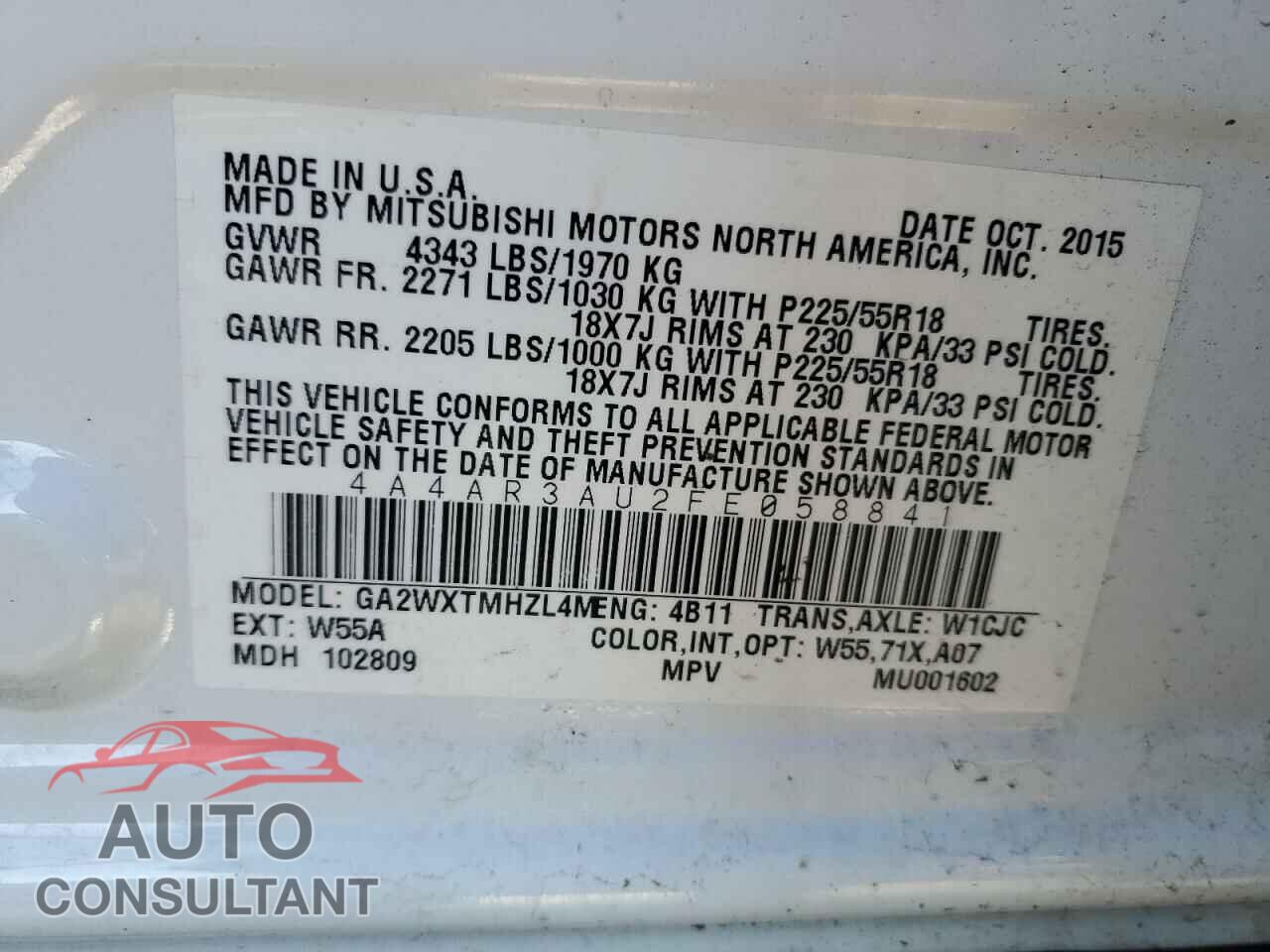 MITSUBISHI OUTLANDER 2015 - 4A4AR3AU2FE058841
