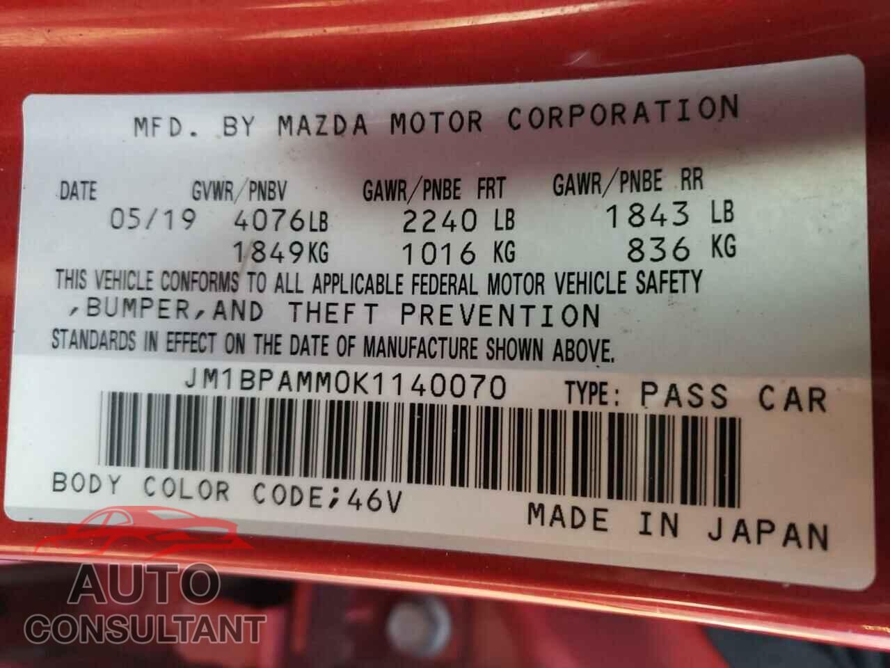 MAZDA 3 2019 - JM1BPAMM0K1140070