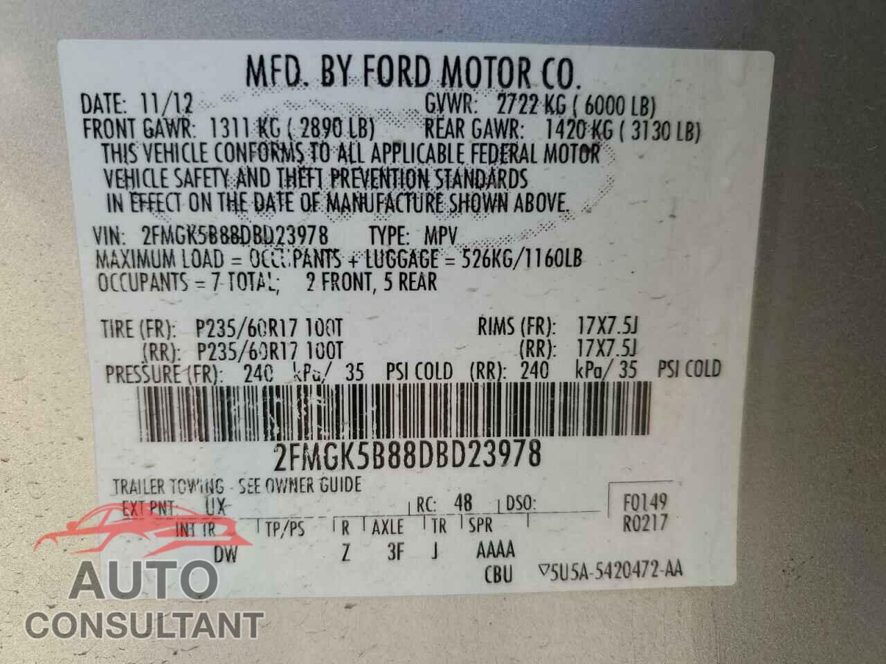 FORD FLEX 2013 - 2FMGK5B88DBD23978
