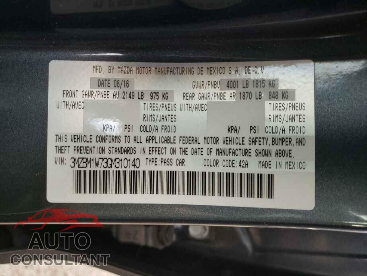 MAZDA 3 2016 - 3MZBM1W73GM310140