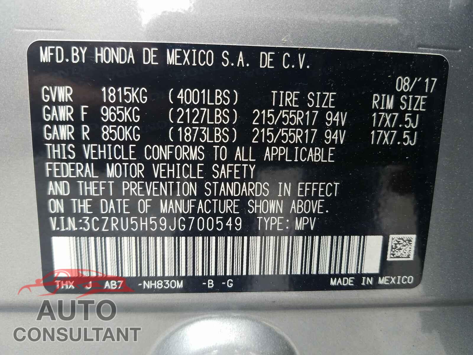 HONDA HR-V 2018 - 3CZRU5H59JG700549
