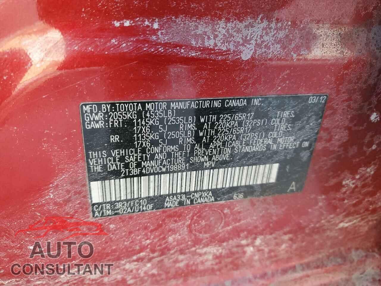 TOYOTA RAV4 2012 - 2T3BF4DV0CW198891