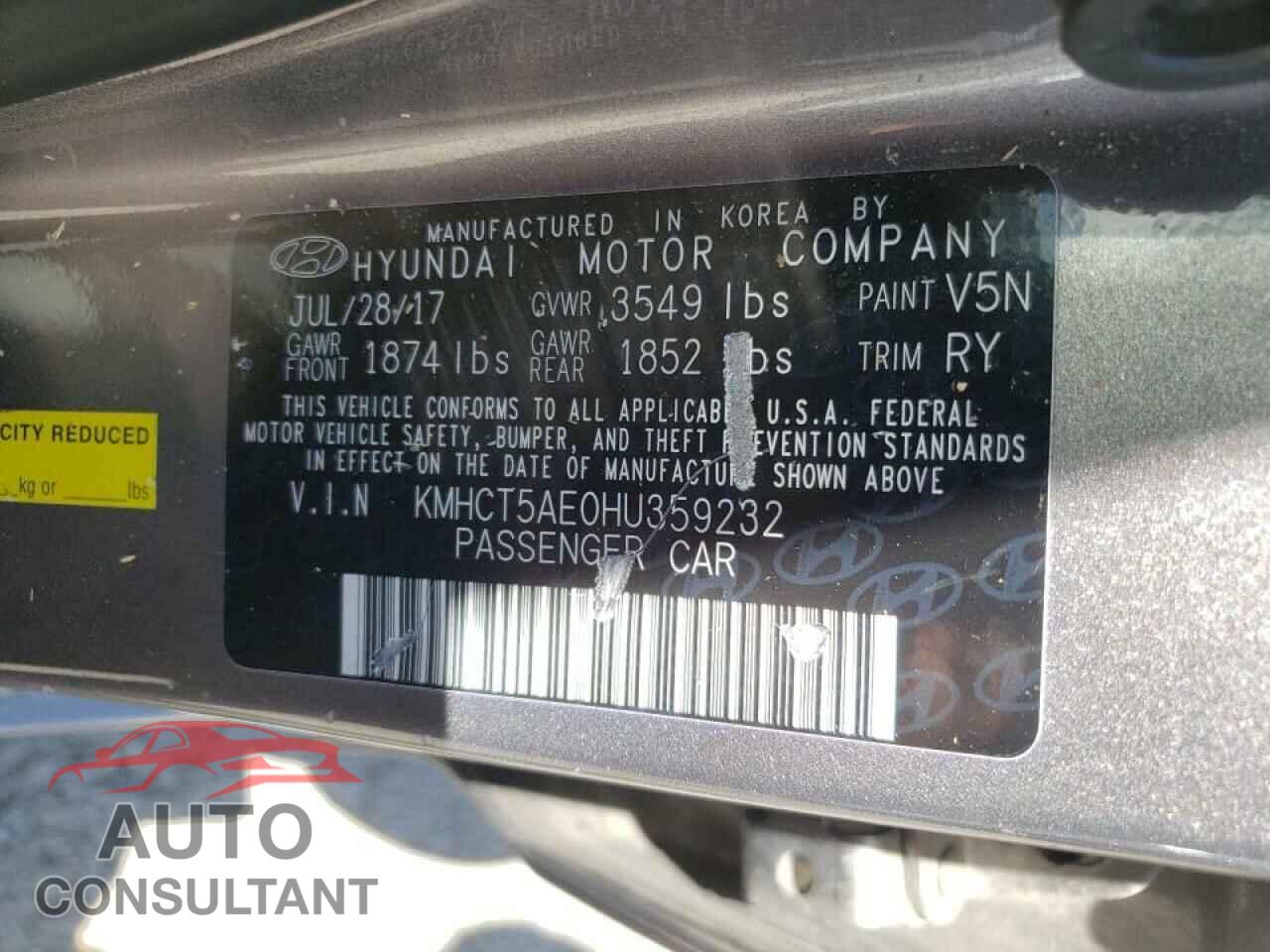 HYUNDAI ACCENT 2017 - KMHCT5AE0HU359232
