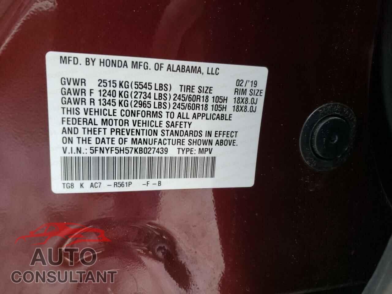 HONDA PILOT 2019 - 5FNYF5H57KB027439