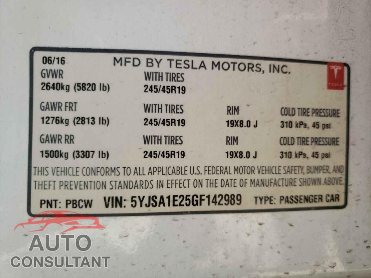 TESLA MODEL S 2016 - 5YJSA1E25GF142989
