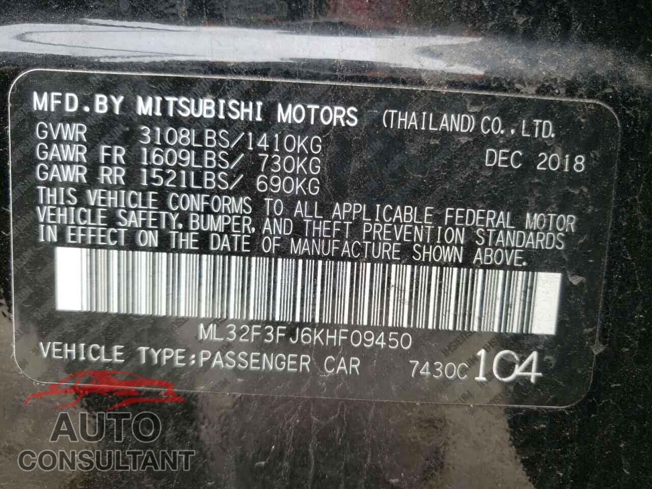 MITSUBISHI MIRAGE 2019 - ML32F3FJ6KHF09450