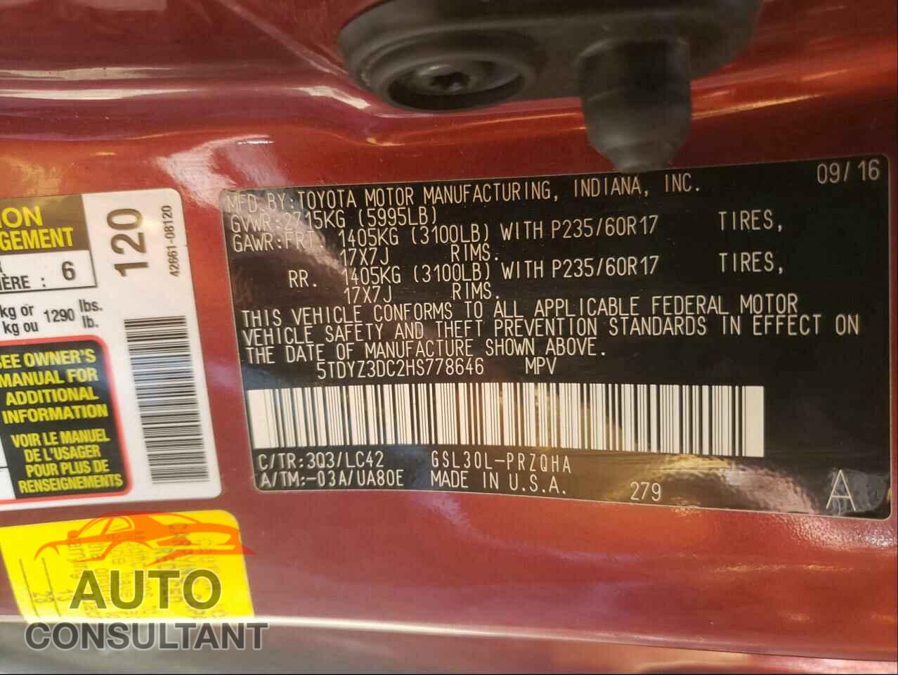 TOYOTA SIENNA 2017 - 5TDYZ3DC2HS778646