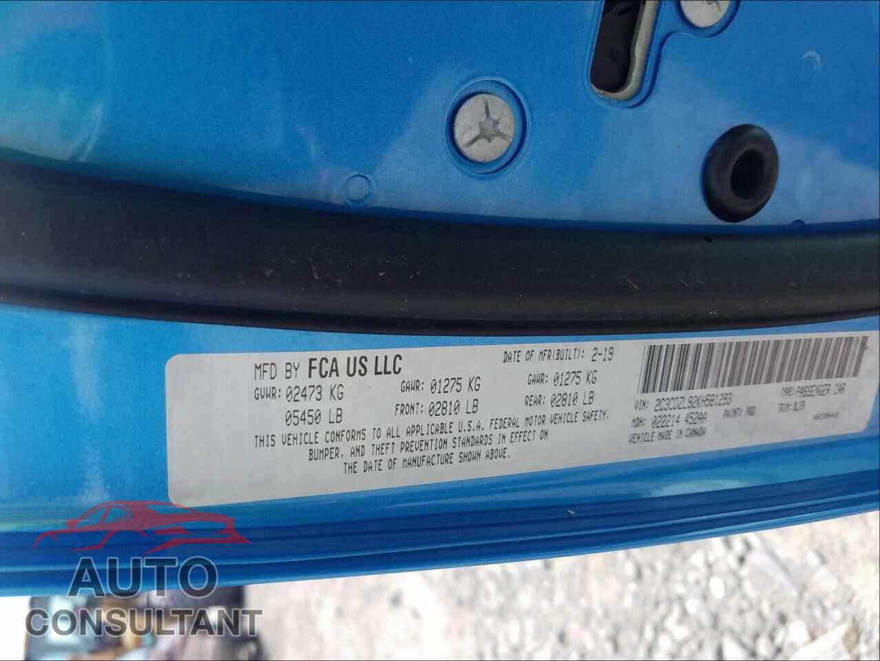 DODGE CHALLENGER 2019 - 2C3CDZL92KH581293