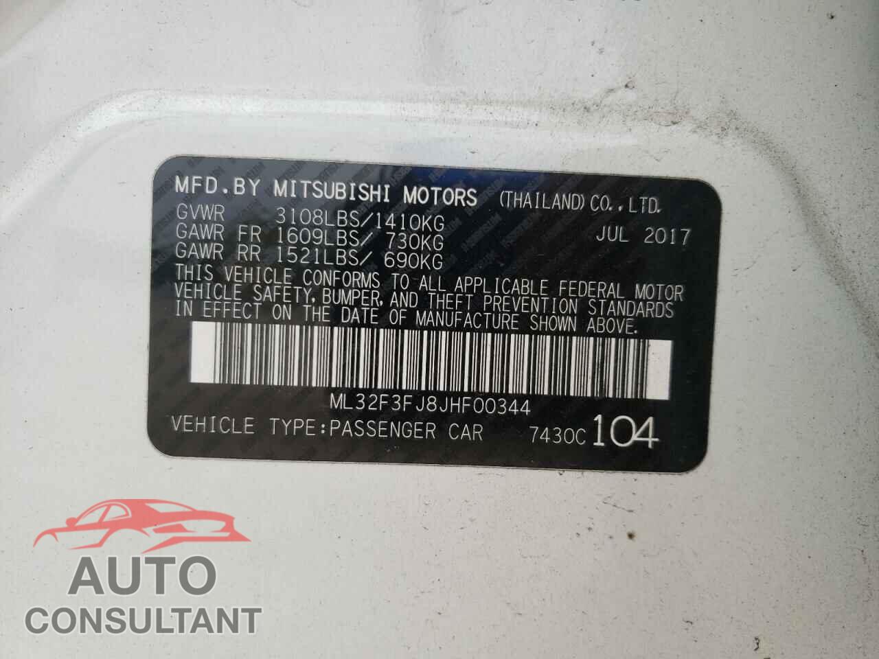 MITSUBISHI MIRAGE 2018 - ML32F3FJ8JHF00344