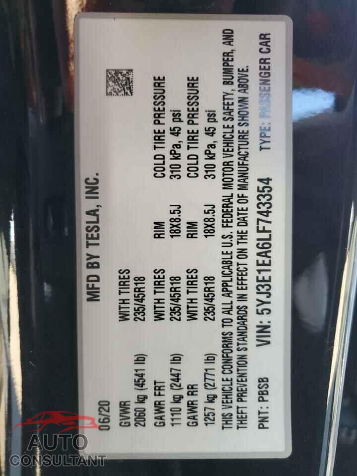 TESLA MODEL 3 2020 - 5YJ3E1EA6LF743354