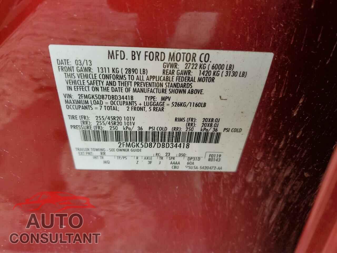 FORD FLEX 2013 - 2FMGK5D87DBD34418