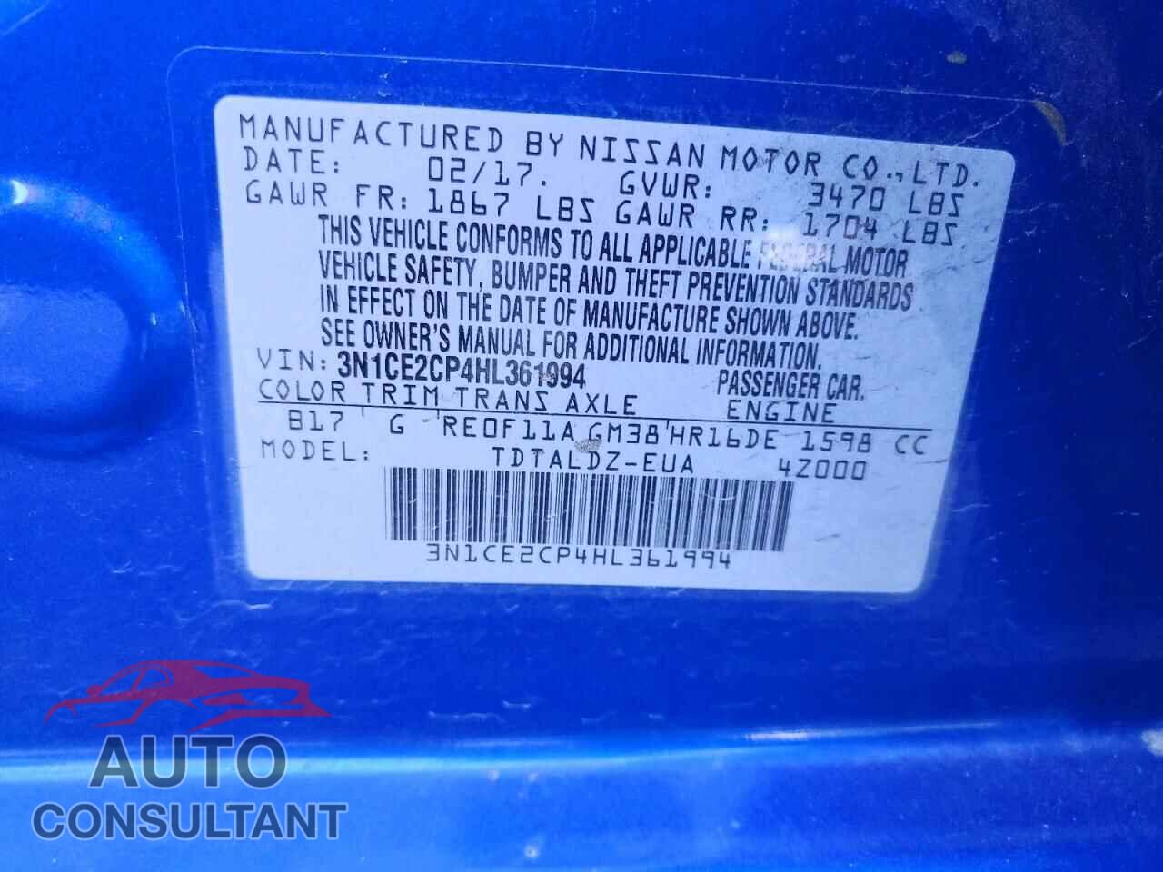 NISSAN VERSA 2017 - 3N1CE2CP4HL361994