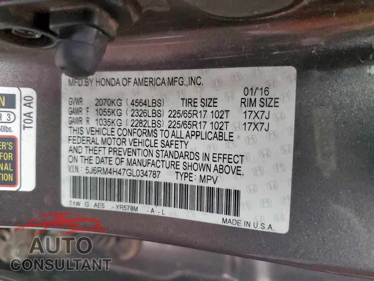 HONDA CRV 2016 - 5J6RM4H47GL034787