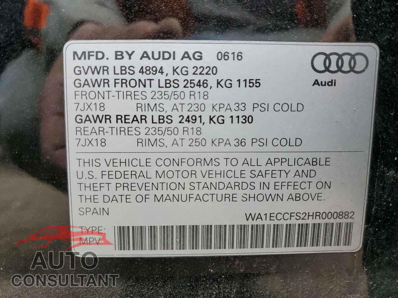 AUDI Q3 2017 - WA1ECCFS2HR000882
