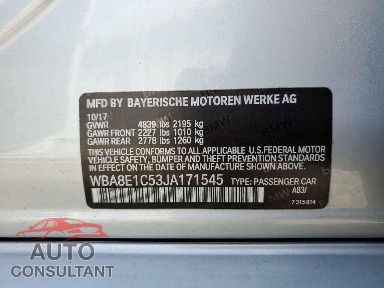 BMW 3 SERIES 2018 - WBA8E1C53JA171545