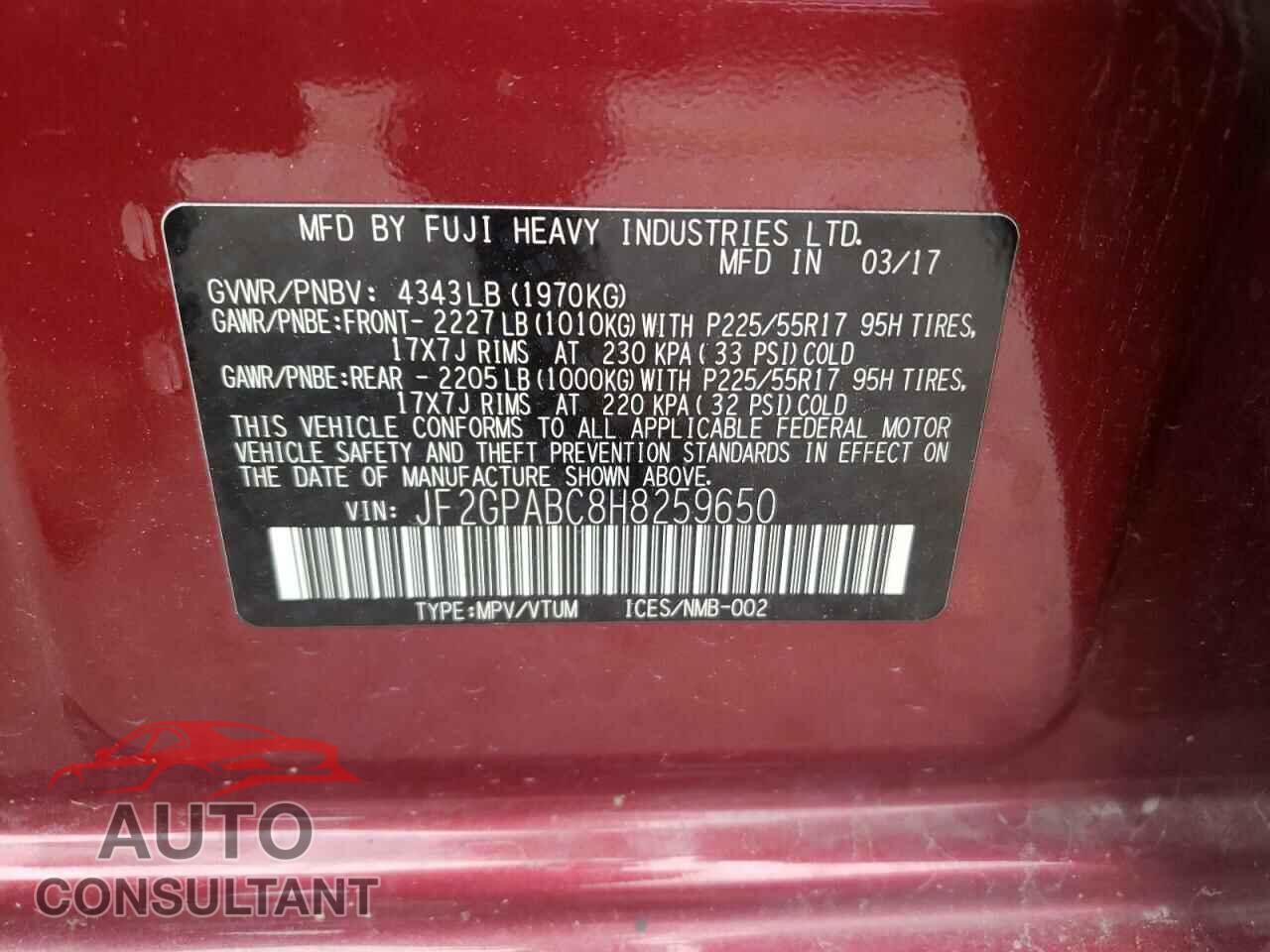 SUBARU CROSSTREK 2017 - JF2GPABC8H8259650