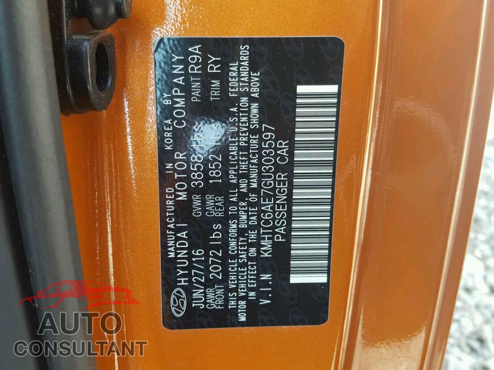 HYUNDAI VELOSTER 2016 - KMHTC6AE7GU303597