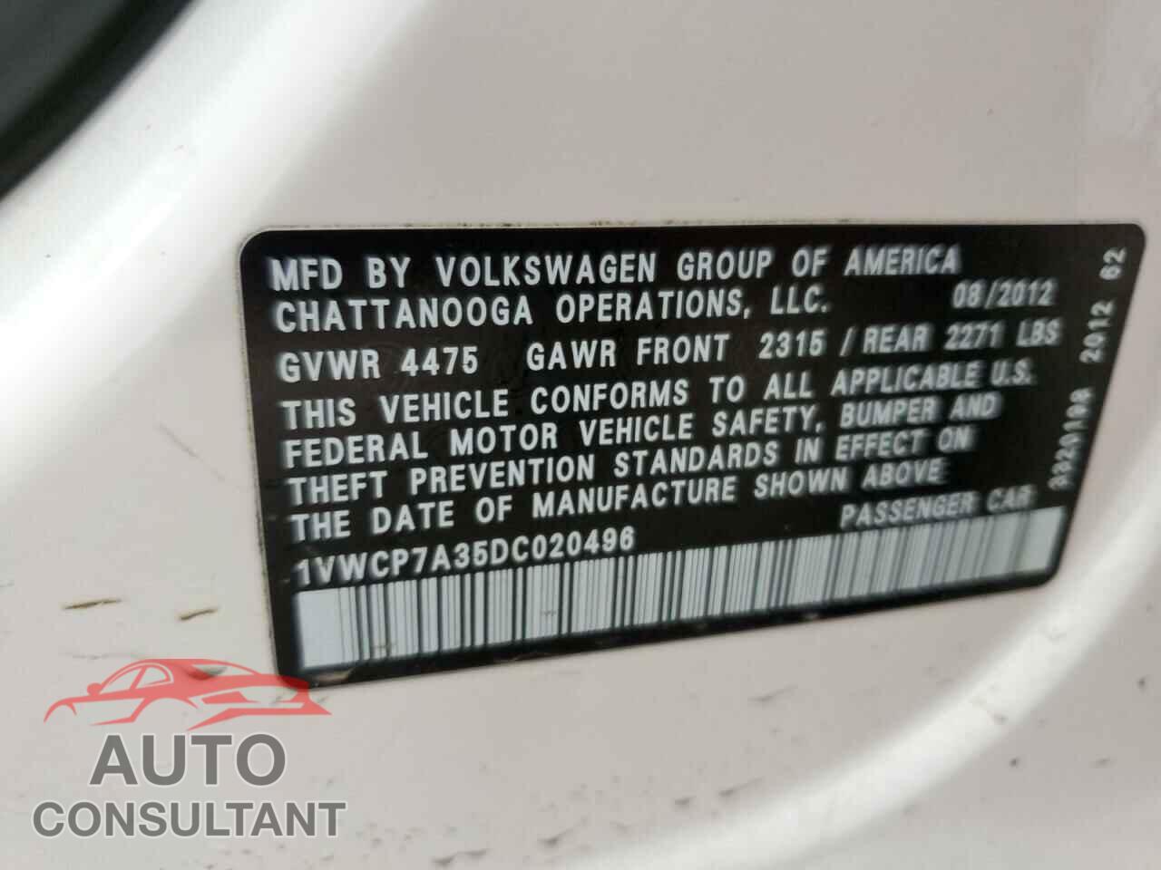 VOLKSWAGEN PASSAT 2013 - 1VWCP7A35DC020496