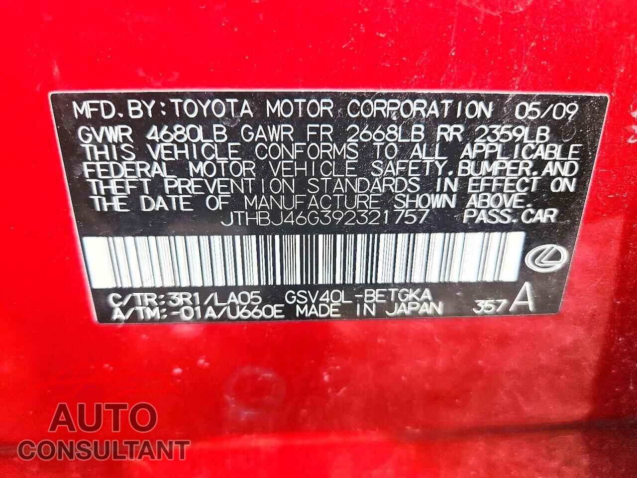 LEXUS ES350 2009 - JTHBJ46G392321757