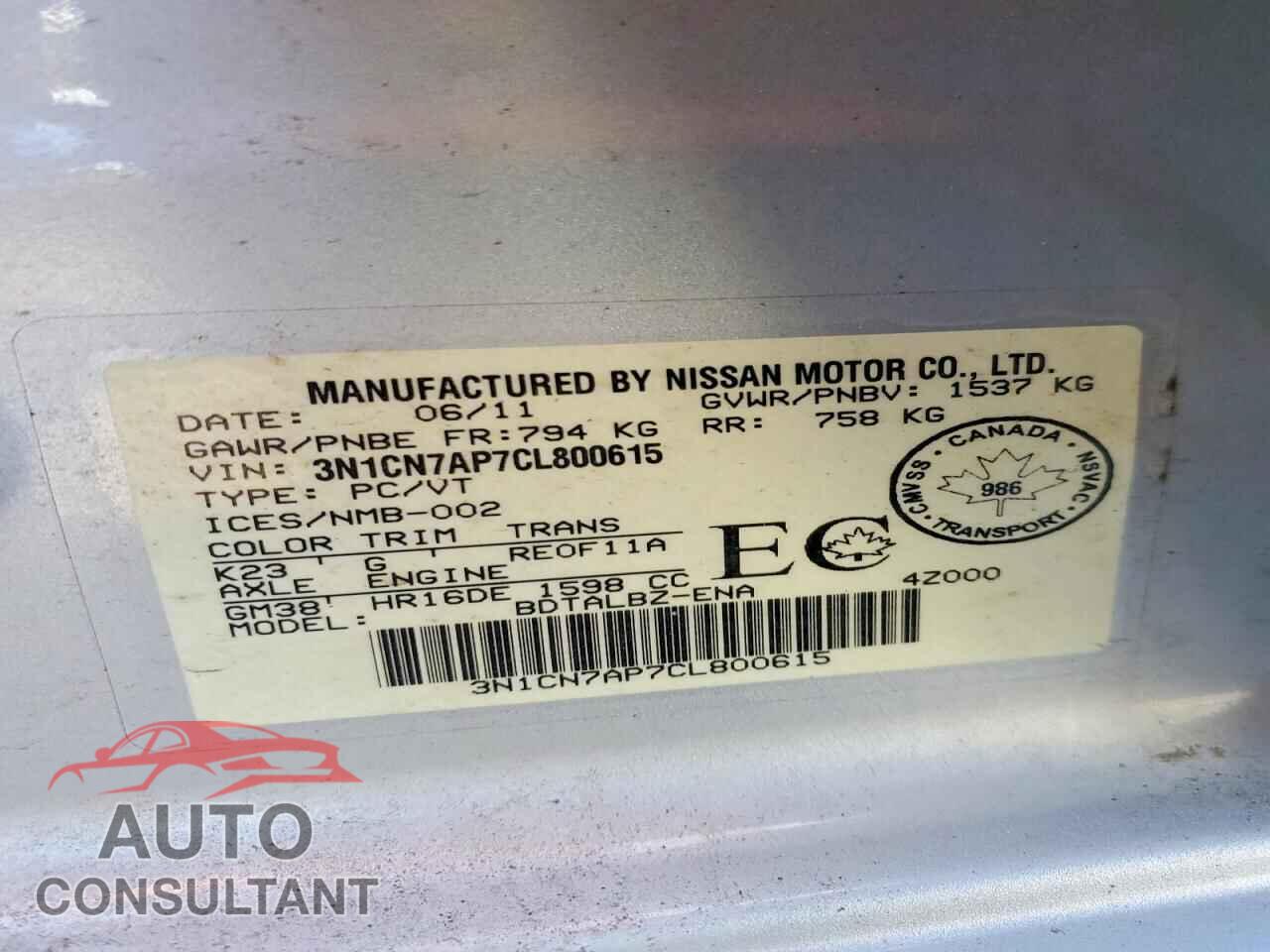 NISSAN VERSA 2012 - 3N1CN7AP7CL800615