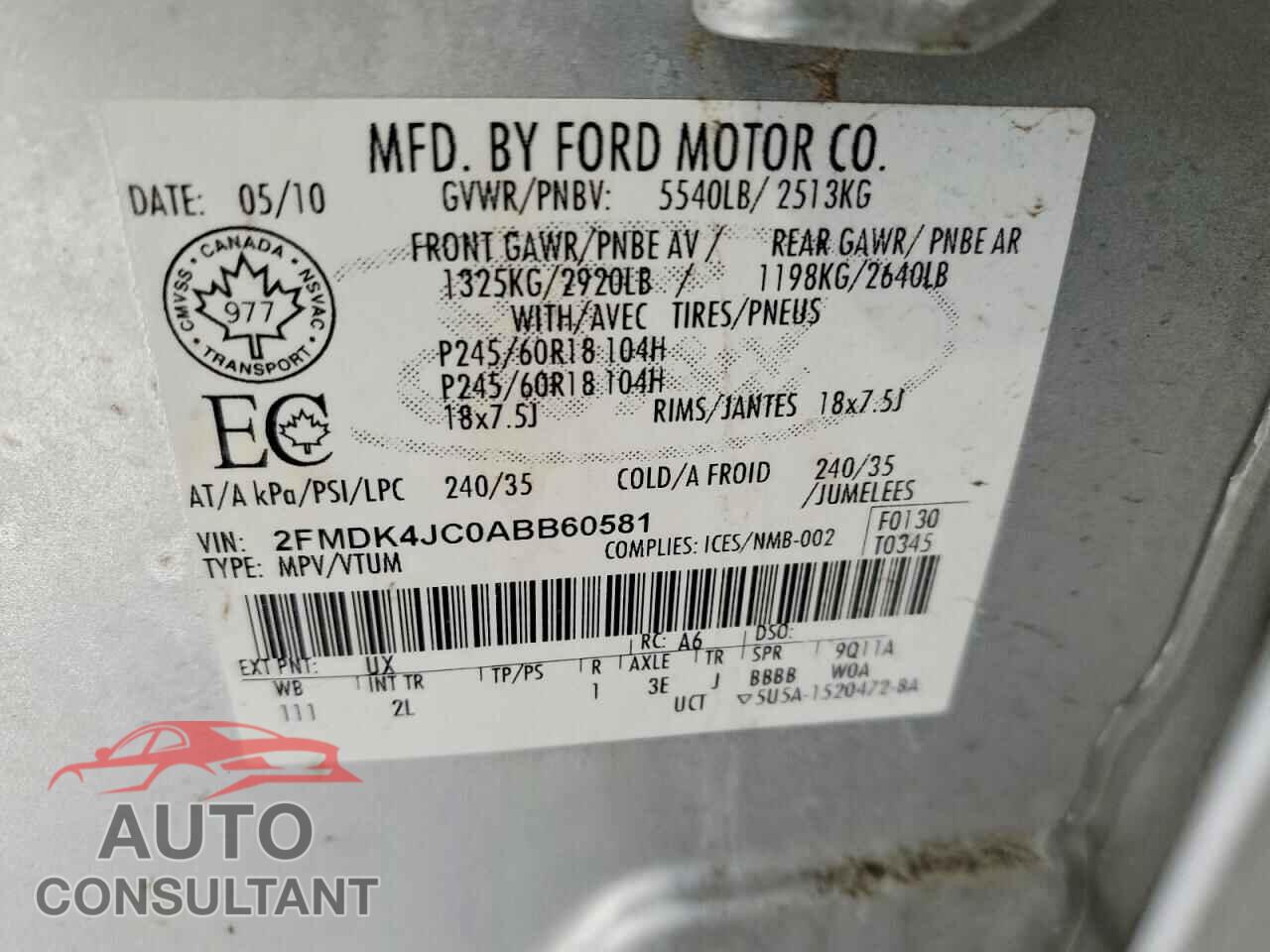 FORD EDGE 2010 - 2FMDK4JC0ABB60581