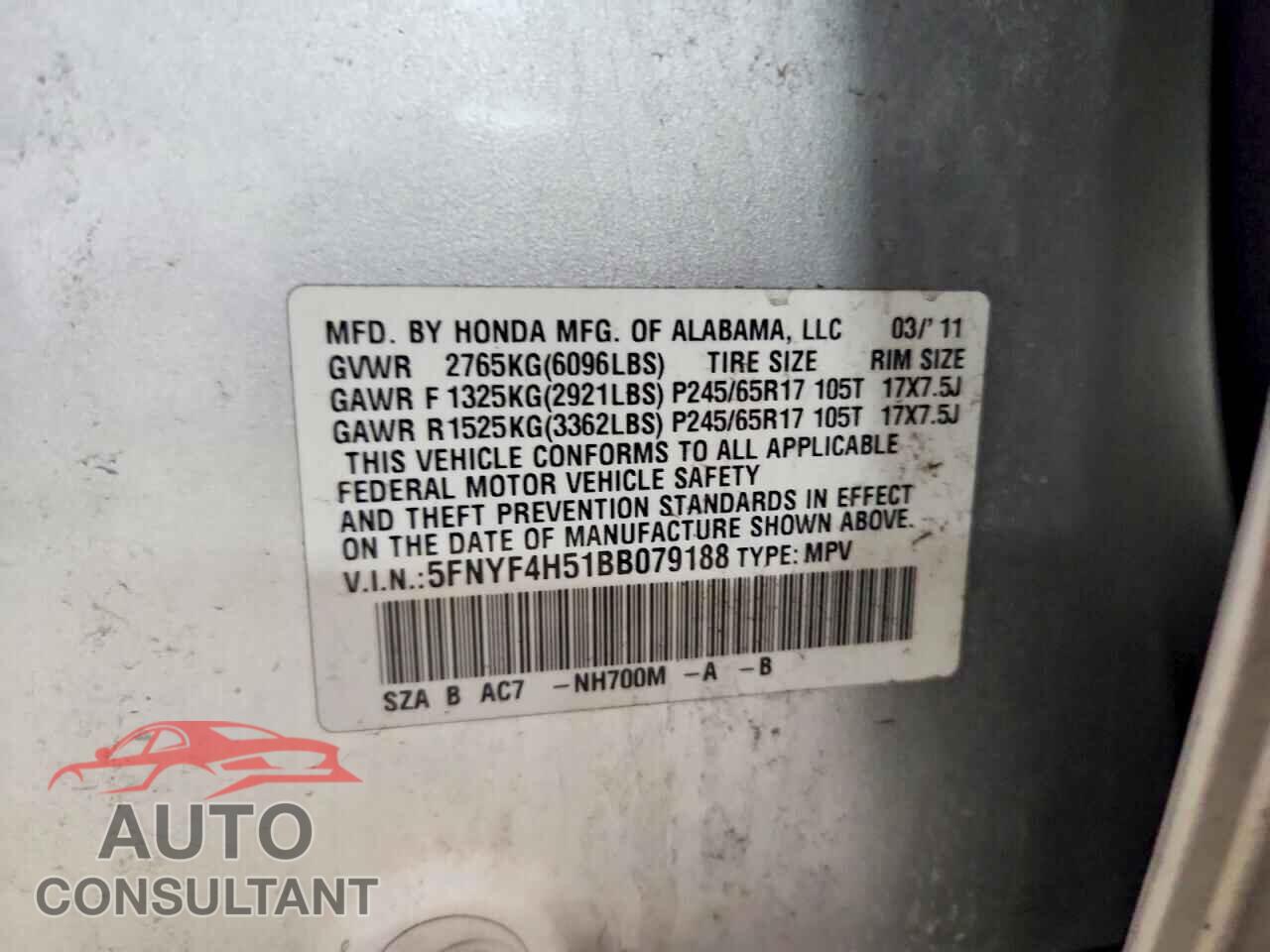 HONDA PILOT 2011 - 5FNYF4H51BB079188