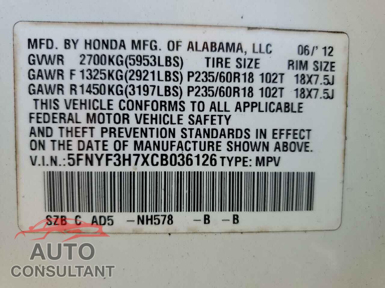 HONDA PILOT 2012 - 5FNYF3H7XCB036126
