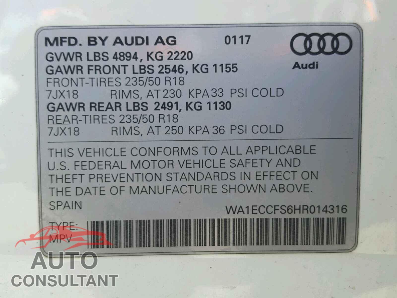 AUDI Q3 PREMIUM 2017 - WA1ECCFS6HR014316