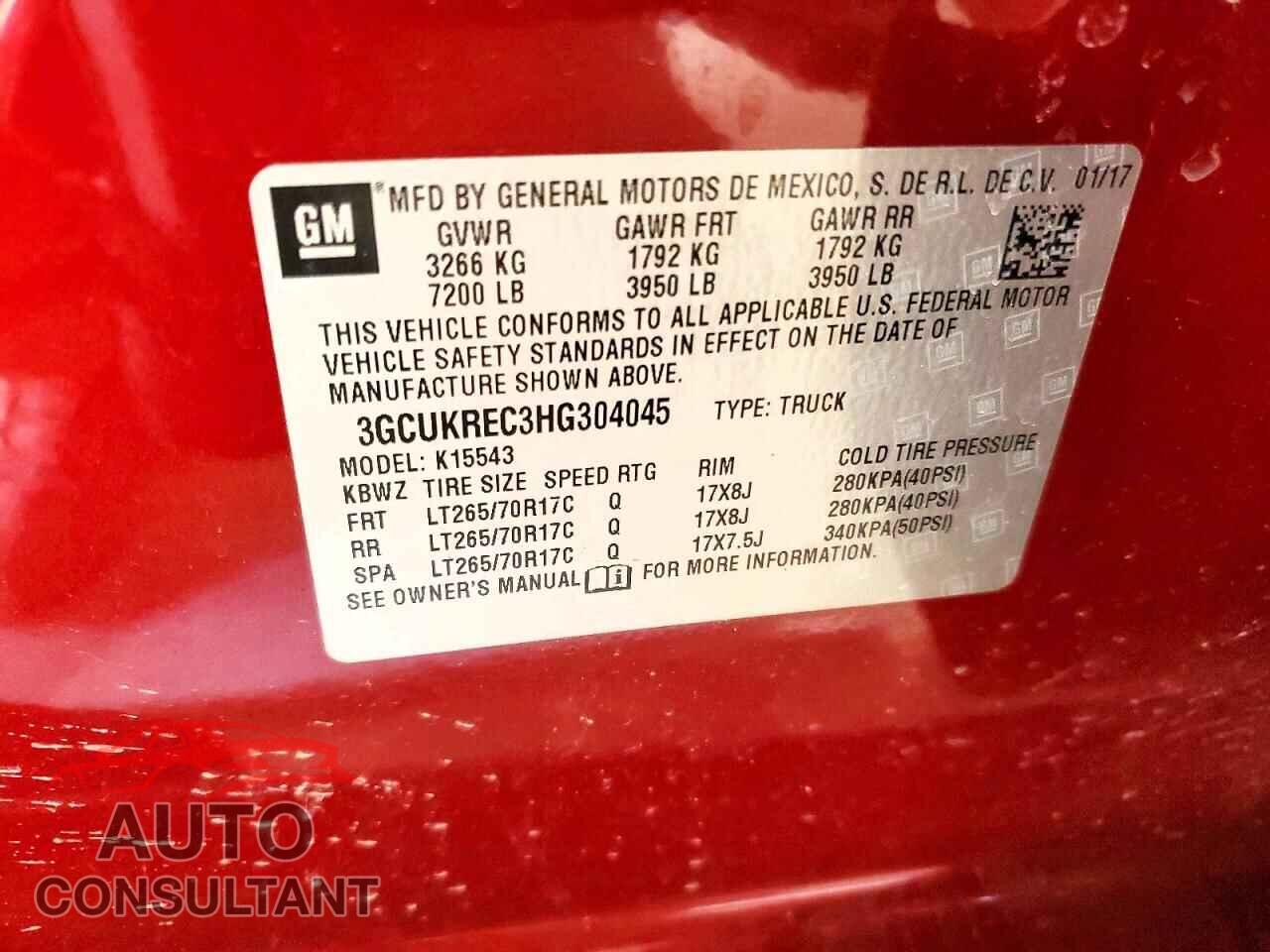 CHEVROLET SILVERADO 2017 - 3GCUKREC3HG304045
