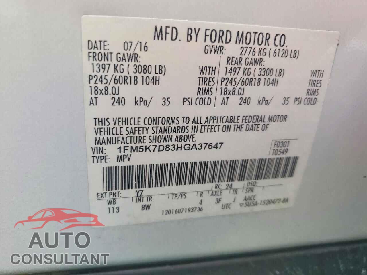 FORD EXPLORER 2017 - 1FM5K7D83HGA37647