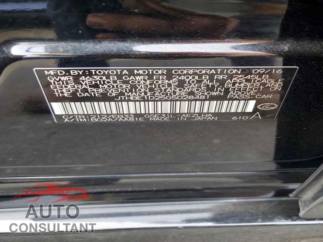 LEXUS IS 2016 - JTHBE1D25G5028481