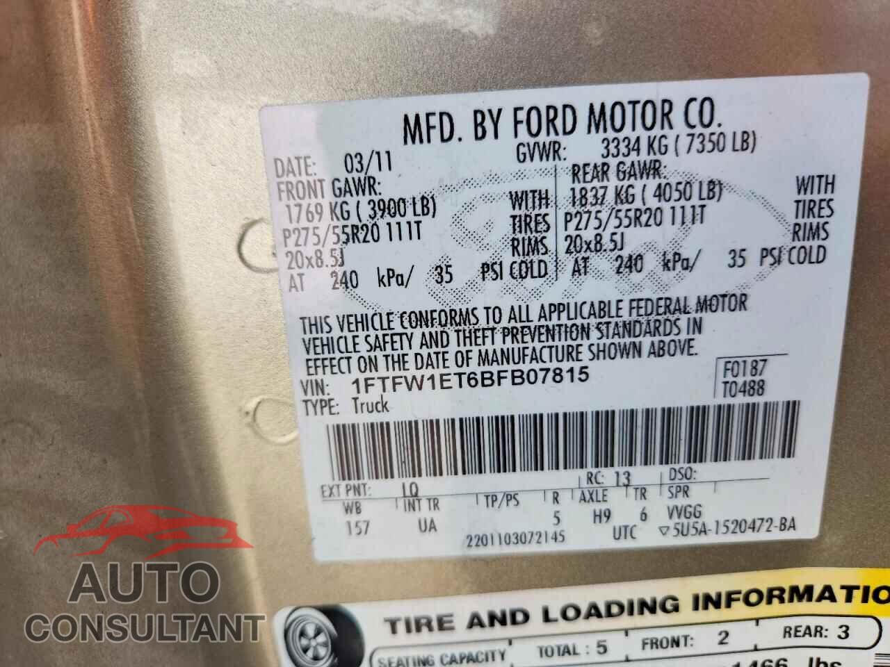 FORD F150 2011 - 1FTFW1ET6BFB07815